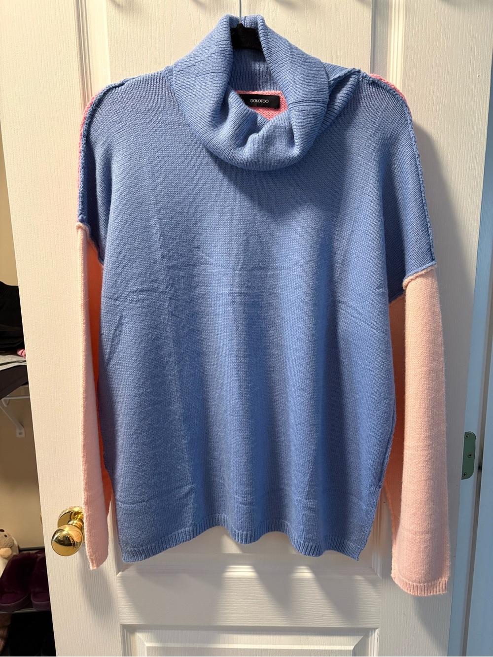 Colorblock Cowl Neck Sweater in Periwinkle and Pink